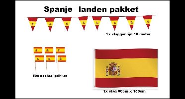 Spanje versiering pakket - Vlag Spanje 150cmx90cm (1x) - Cocktailprikkers Spanje (50x) - Vlaggenlijn Spanje 1000cm(1x) - WK voetbal festival evenement party decoratie