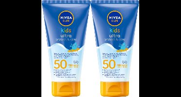 NIVEA SUN Kids Ultra Protect & Play Zonnebrand Lotion - SPF 50+ - Zeer waterproof en zandbestendig - Zonnecreme voor Gezicht en Lichaam - Met dexpanthenol - Zonbescherming - Duo Pack - 2x 150 ml