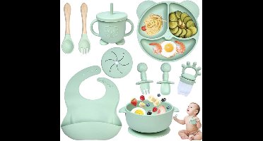 Siliconen Baby Serviesset 10-Delig – Bord en Kom met Zuignap – Baby Slab, Drinkbeker, Lepel, Vork en Fruitvoeder – Antislip Kinder Eetset – Groen