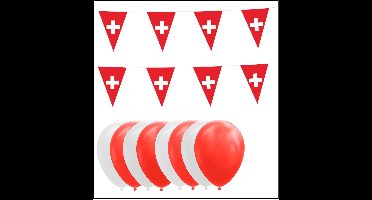 Zwitserland feestpakket- 2x Vlaggenlijn 10 meter + 20 ballonnen rood/wit - Versiering Slinger Feestdecoratie Decoratie