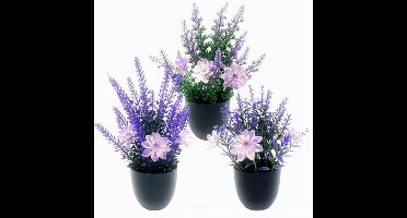 3-Delig Set Kunstplanten in Pot - Kunstmatige Lavendel Plant in Pot - Nep Gevilte Bloempot - Realistische Textuur Paarse Plant - Onderhoudsarm - Geschikt voor Woning, Kantoor, Plank, Bureau, Boerderij Woonkamer, Salontafel, Bruiloft Decoratie