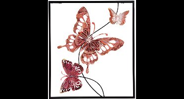 Pro Garden Wanddecoratie vlinder - roze - 43 x 38cm - metaal - metalen frame met vlinders