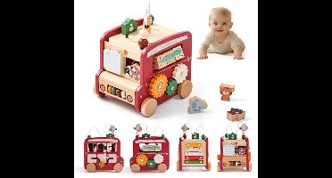5 in 1 Bus Speelgoed Montessori Educatief Spel Speelgoed - Montessori Speelgoed vanaf 1 Jaar - Baby Motoriek Bus Speelgoed voor 12+ Maanden Meisjes Jongens Verjaardagscadeau - Rood