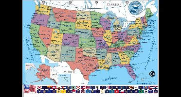 Amerika kaart poster - Steden - Staten - Vlaggen - educatief - 50 x 70 cm