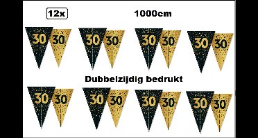 12x Luxe Vlaggenlijn 30 jaar 10 meter goud/zwart - dubbelzijdig bedrukt - Jubileum verjaardag thema feest