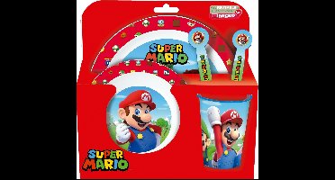 Nintendo's Super Mario Kinderservies - 5-delig - Herbruikbaar - Inclusief bord, kom, bestek en beker - Vaatwasser- en microgolfbestendig & BPA-vrij - Wit/Rood