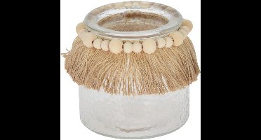 Windlicht glas met raffia en kralen 11cm