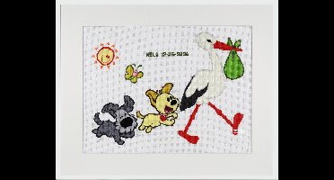 Pako Borduurpakket - Geboorte - telpatroon met codekaart - Woezel & Pip kids geboortetegel Woezel & Pip met de ooienvaar- voorgesorteerd garen - Aida -30 x 40 cm - DIY kit