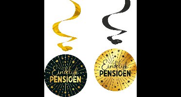 8x Swirls 'Pensioen' zwart / goud - Golden Celebrations - Verjaardag Feestje Hangdecoratie Versiering Feestdecoratie Decoratie