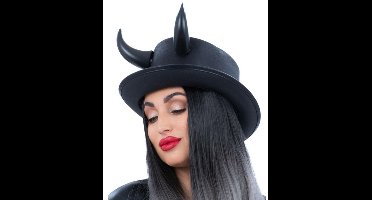 Hoge Hoed Duivel Metallic Zwart Deluxe, met Horens