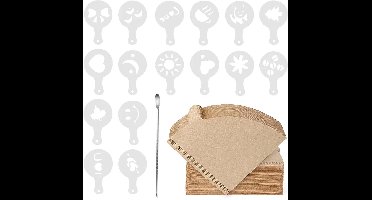 Allecto Plus - Koffie Accessoires Set: 100 Stuks Koffiefilter & 16 Stuks Latte Decorating Stencils - Art Pen - Wegwerp Filters voor Koffie Dripper - Giet Over Koffiezetapparaat - Ongebleekt Papier.