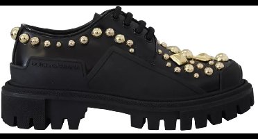 Leather Trekking Derby Embellished Shoes with Gold Studs Wo - Black