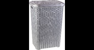 Plasticforte Wasmand met deksel - 60 liter - zilvergrijs - rotan - kunststof - L35 x B43 x H62 cm