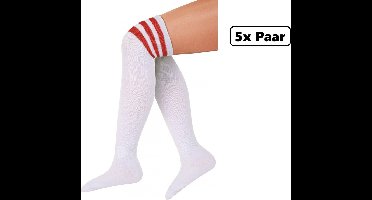 5x Paar Lange sokken wit met rode strepen - maat 36-41 - Lieskousen - kniekousen overknee kousen sportsokken cheerleader carnaval voetbal hockey unisex festival