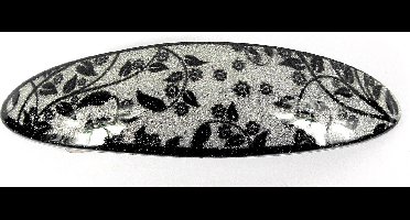 Patentspeld zilver met zwarte bloemen glitter