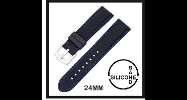 24mm Rubber Siliconen horlogeband zwart met blauwe stiksels passend op o.a Casio Seiko Citizen en alle andere merken - 24 mm Bandje - Horlogebandje horlogeband