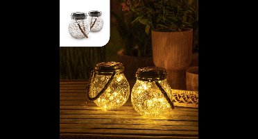 Gadgy Solar Lantaarn Craquelé Glas met 20 fairy lights - Tafellamp Set van 2 - Solar tuinverlichting op zonneenergie - Led buitenverlichting met dag/nacht sensor - Hanglamp - Tuinlantaarn - 13.5 x Ø12CM