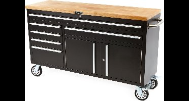 HBM 152 cm. Professionele Gereedschapswagen / Werkbank met Houten Blad - ZWART