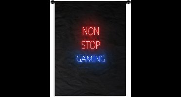 Wandkleed - Wanddoek - Tekst - Gaming - Non stop gaming - Neon - Zwart - 90x120 cm - Wandtapijt