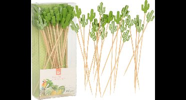 Excellent Houseware Cocktail/tapas prikkers - Mexicaanse cactus - 60x stuks - bamboo - 12 cm