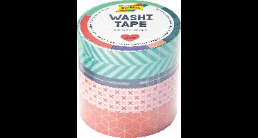 Folia washi tape geometrie, pak met 4 stuks in geassorteerde kleuren