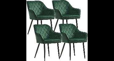 Rivera eetkamerstoel set van 4 - fauteuil - gestoffeerde stoel met armleuningen - zitbreedte 49 cm - metalen poten - fluwelen bekleding - tot 110 kg draagvermogen - voor studie - woonkamer - slaapkamer - Groen