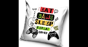 Eat Game Sleep Repeat Gamer - Sierkussen Kussen 40 x 40 cm inclusief vulling