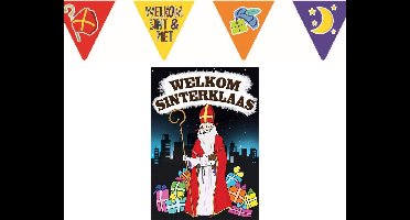 Sinterklaas versiering feestpakket inclusief 4x stuks papieren vlaggenlijnen 6 meter en A1 deurposter