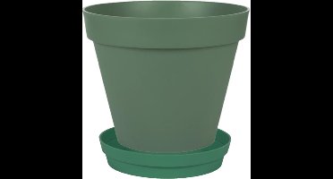 Bloempot Toscane kunststof donkergroen D30 x H26 cm inclusief onderschaal D23 cm - Bloempotten/plantenpotten set
