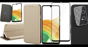Hoesje geschikt voor Samsung Galaxy A33 - Book Case Kunstlederen Wallet Cover Minimalistisch Pasjeshouder Hoes Goud - Full Tempered Glass Screenprotector - Camera Lens Protector