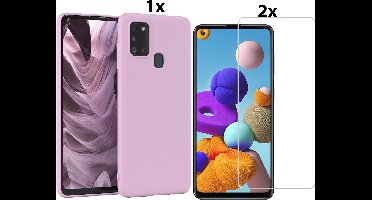 Hoesje Geschikt Voor Samsung Galaxy A21s Hoesje Soft Nano Silicone Backcover Gel Lila Paars Met 2x Glazen Screenprotector