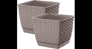 Prosperplast Plantenpot/bloempot - 2x - rotan kunststof - 14.5 x 14.5 cm - taupe
