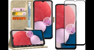 Hoesje geschikt voor Samsung Galaxy A13 4G - Book Case Kunstleer Wallet Cover Portemonnee Pasjeshouder Hoes Goud - Full Tempered Glass Screenprotector