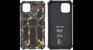 Hoesje Geschikt voor iPhone 12 (Pro) Hoesje - Rugged Extreme Backcover Army Camouflage met Kickstand - Groen