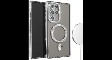 Hoesje met Diamantjes en Glitter Geschikt voor: Samsung Galaxy S24 Ultra - MagSafe Glitter Hoesje - Zilver met Diamanten steentjes - Glamour Hoesje