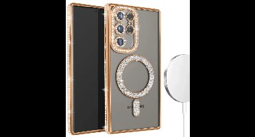 Hoesje met Diamantjes en Glitter Geschikt voor: Samsung Galaxy S25 Ultra - MagSafe Glitter Hoesje - Goud met Diamanten steentjes - Glamour Hoesje