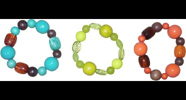 Armbanden met kralen turquoise-groen-oranje set van 3 stuks.