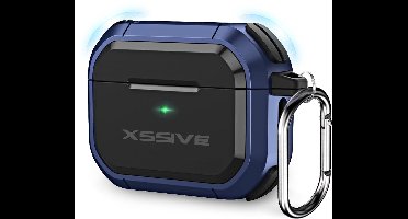 Schokbestendig Hoesje - Geschikt voor Apple AirPods 4 - Hardcase Met Sleutelhanger - Zwart & Donker Blauw