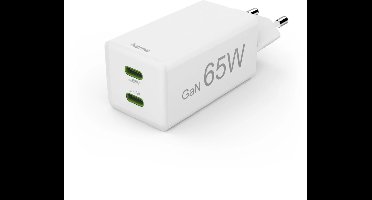 Snellader GaN, 2x USB-C, PD/Qualcomm®, mini-oplader, 65 W, wit
