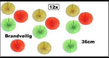 12x Lampion rood/geel/groen 36cm - Fireproof - Carnaval thema feest festival optocht fun