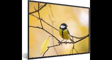 PosterMonkey - Poster - Fotolijst - Vogel - Koolmees - Geel - Takken - Blad - 80x60 cm - Poster dieren - Poster vogels - Foto lijst - Poster met kader - Frame