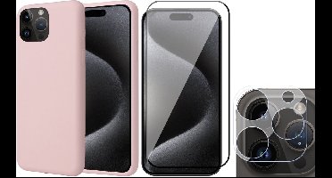 Hoesje geschikt voor iPhone 15 Pro Max - Screenprotector FullGuard & Camera Lens Screen Protector - Back Cover Case SoftTouch Roze