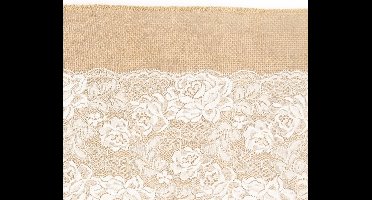 Chaks Jute tafelloper - met wit kant - 28 x 300 cm - Tafeldecoratie versieringen
