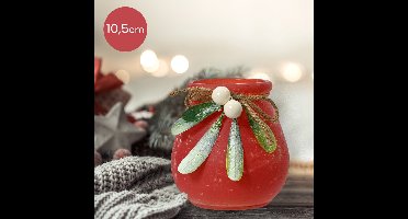 Rode glazen waxinelichthouder met blaadjes en besjes - Ø10,2 x 10,5 cm - kerstdecoratie - kerst - luxe theelichthouder - voor kaarsjes