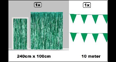 Set Folie gordijn metallic 2,4m x 1m groen + vlaggenlijn groen 10 meter - Decoratie festival themafeest carnaval gala disco glitter and glamour wanddeco