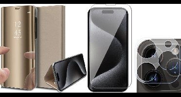 Hoesje geschikt voor iPhone 15 Pro - Screenprotector GlassGuard & Camera Lens Screen Protector - Book Case Spiegel Goud