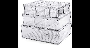 Koelkastorganizer, set van 10 opbergdozen met deksel, stapelbaar keukenorganizer, voorraadkast, kleine koelkast, doorzichtige organizer, dozijn (PET set van 10)