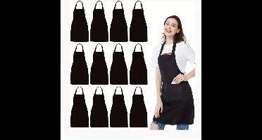 Professionele Apron Bulk Set - 12 Stuks Unisex Zwarte Schorten met 2 Ruime Zakken - Geschikt voor Keuken, BBQ en Atelier - Machinewasbaar en Duurzaam