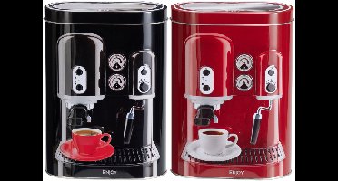 Koffie bewaarblik - metaal - retro koffiemachine set - zwart - 13x8x19 cm - cups/bonen/filterkoffie