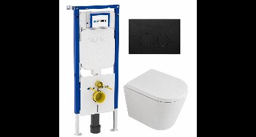 QeramiQ Dely Toiletset - 36.3x51.7cm - diepspoel - rimless - Geberit UP720 inbouwreservoir - softclose toilet zitting 35 mm - kunststof mat zwarte bedieningsplaat - ronde knoppen - mat wit